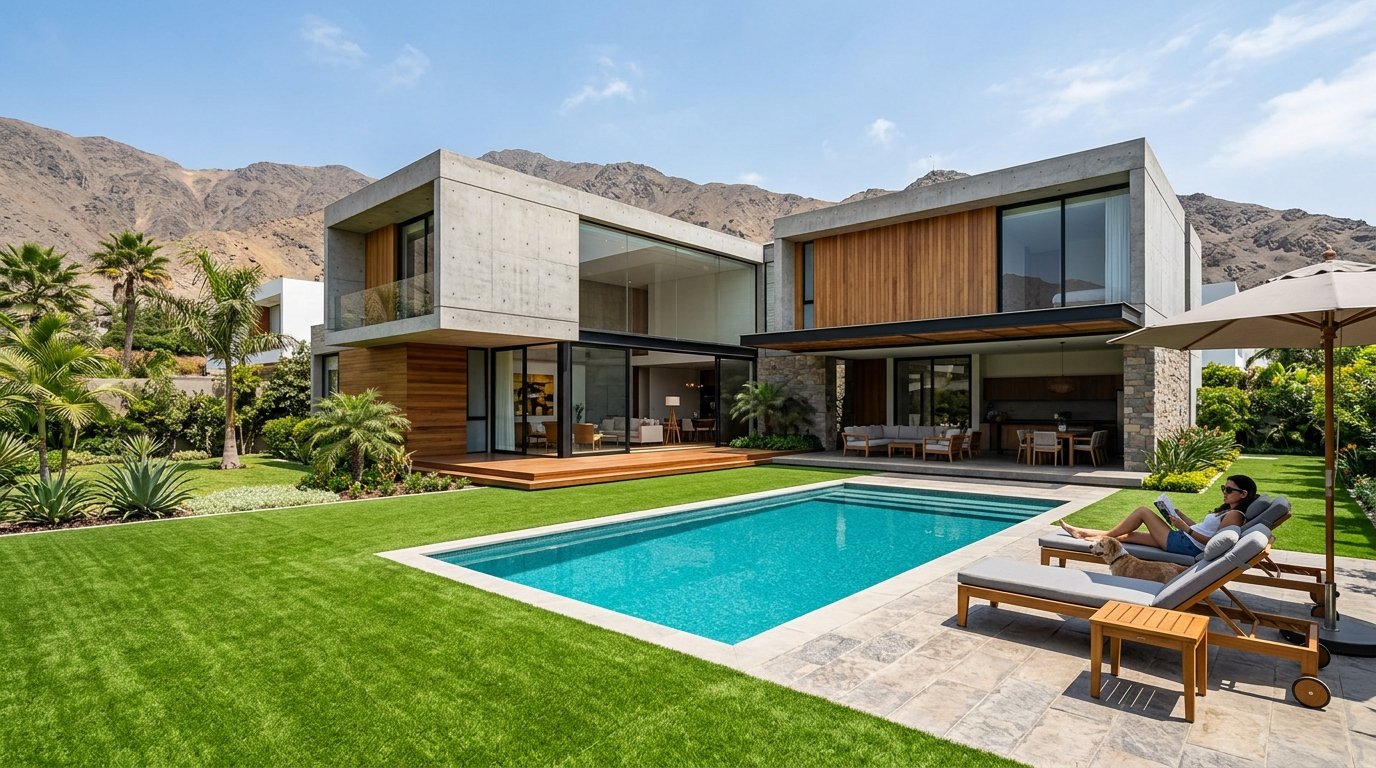 Jardín y Piscina con Grass Decorativo 40mm instalado en La Molina Lima por SISSA